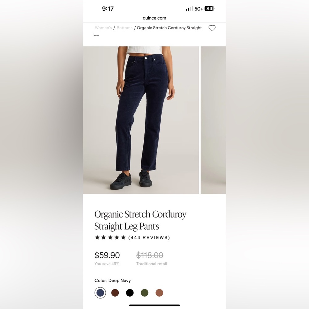 Quince - Organic Stretch Corduroy Straight Leg Pants in Deep Navy